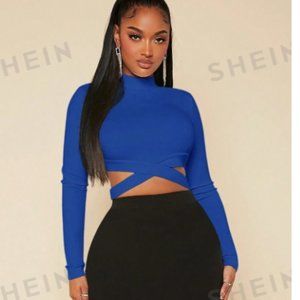 NWT SHEIN SXY Women's Mock Neck Crisscross Crop Top Royal Blue